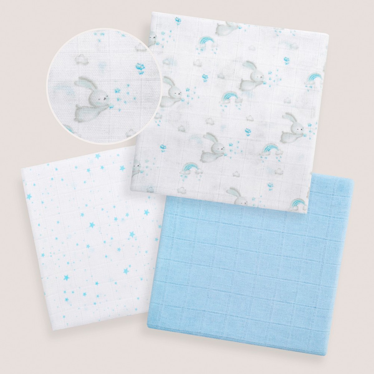 Set de 3 gasas 80X80 conejitos estrellas Azul-6