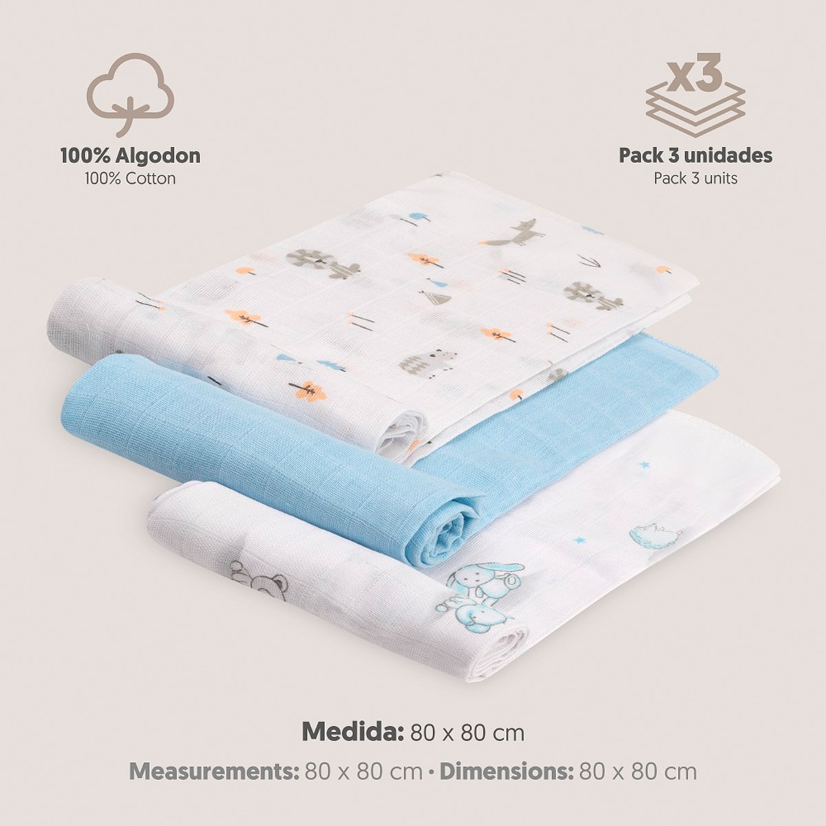 Set de 3 gasas 80X80 forest jungla Azul-5