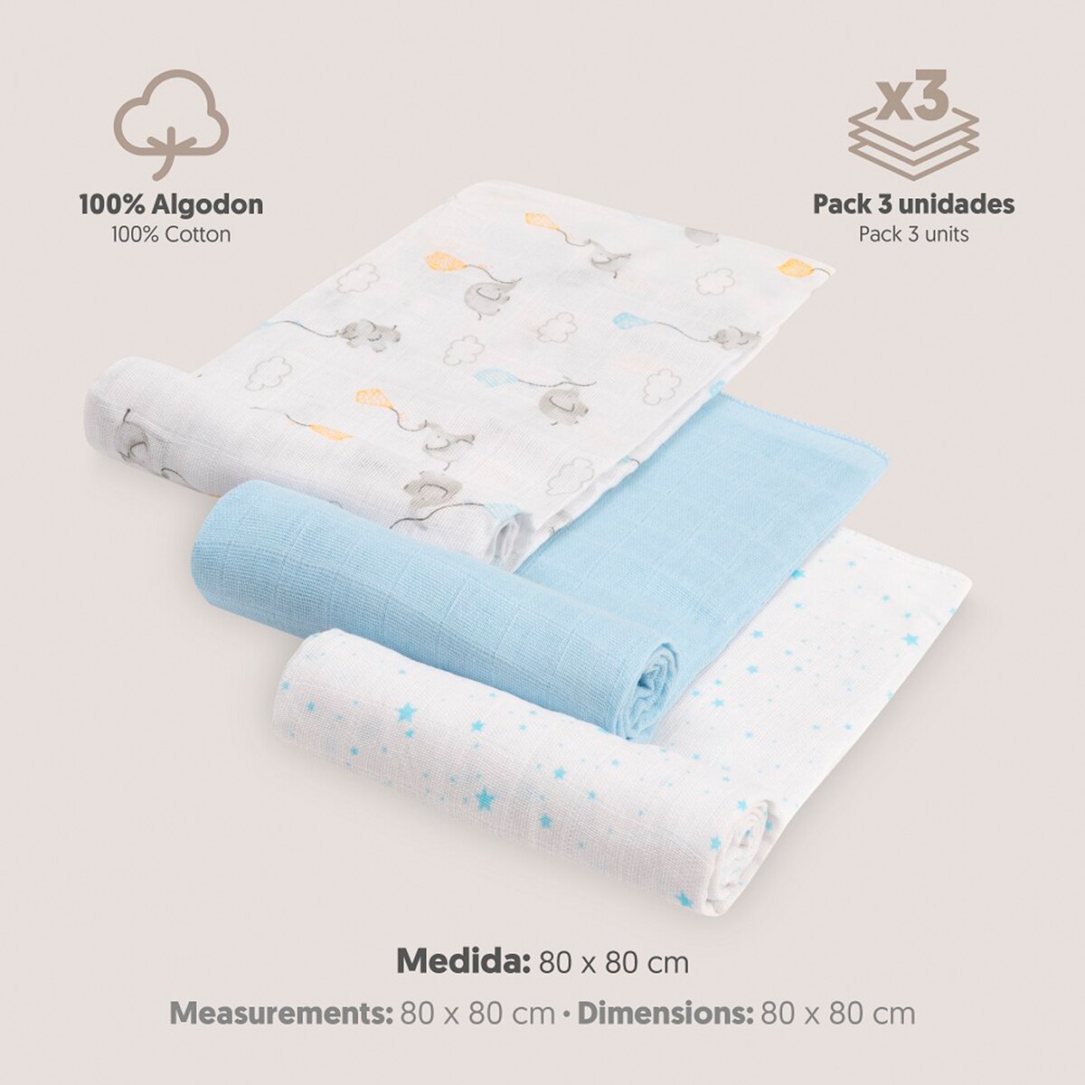 Set de 3 gasas 80X80 elefantes estrellas Azul-5