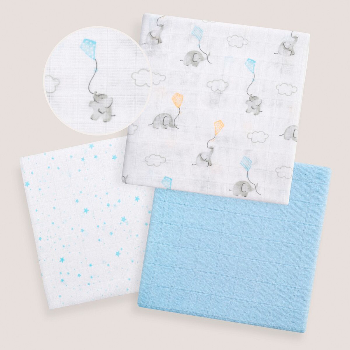 Set de 3 gasas 80X80 elefantes estrellas Azul-6