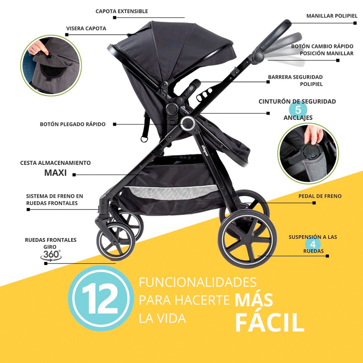 Carrito de bebé  Versa 3 en 1 Negro-4