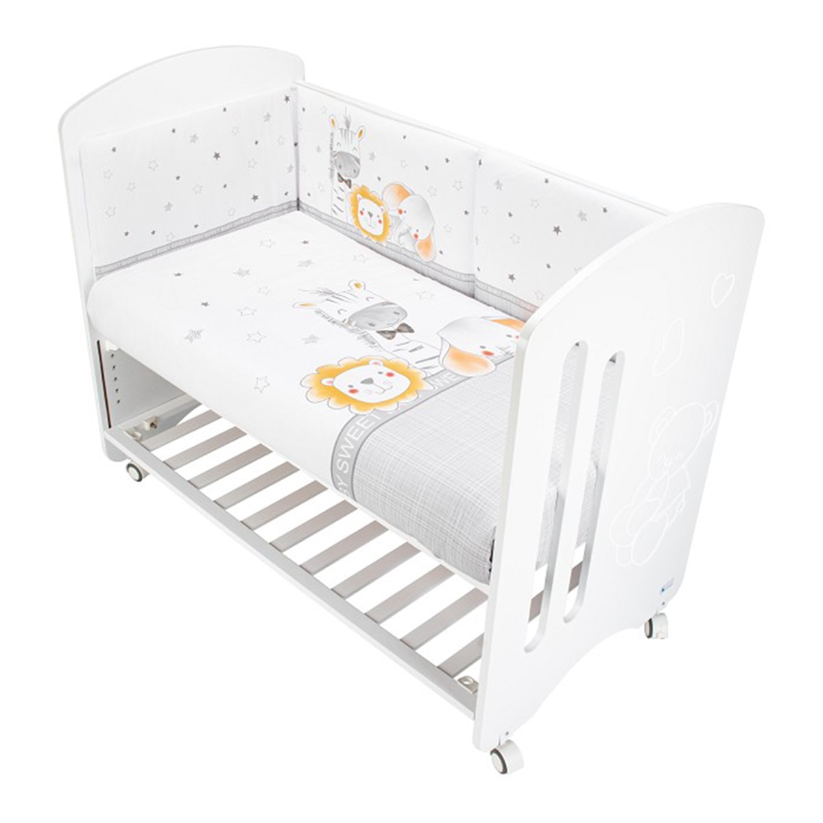 Cuna Interbaby Lovely Premium + Juego textil 2 piezas Protector de Cuna y Funda Nórdica desenfundable Animales gris/blanco Gris / Blanco-1