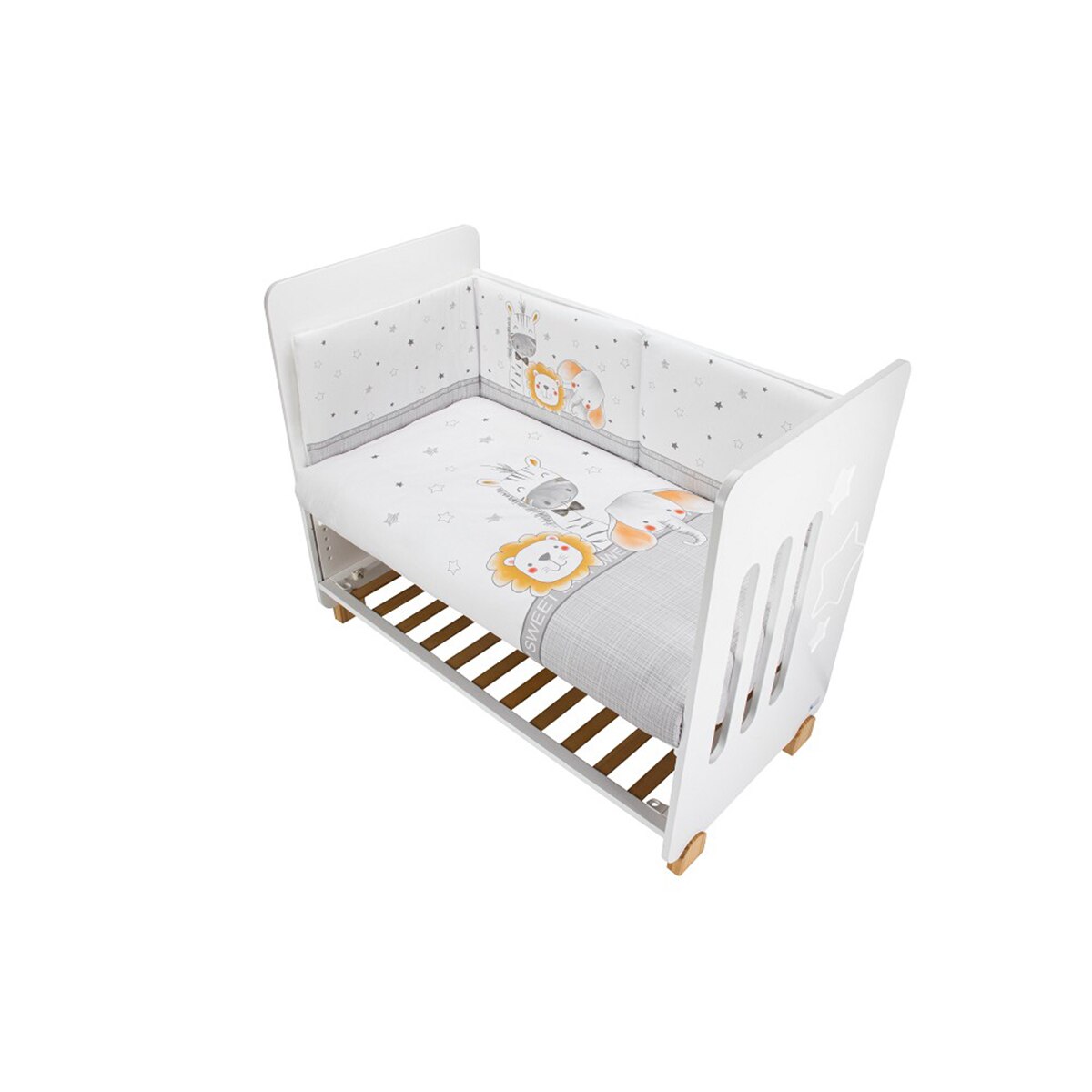 Cuna Interaby Star Nature + Juego textil 2 piezas Protector de Cuna y Funda Nórdica desenfundable Animales blanco/gris Blanco / Gris-2