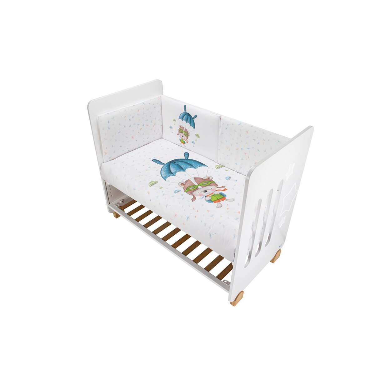 Cuna Interaby Star Nature + Juego textil 2 piezas Protector de Cuna y Funda Nórdica desenfundable Paracaidista blanco/azul Blanco / Azul-2