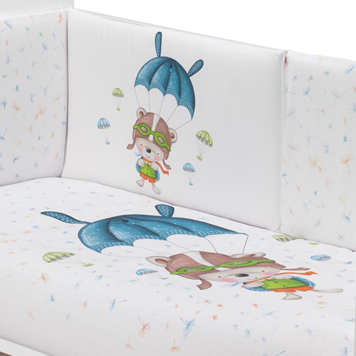 Cuna Interaby Star Nature + Juego textil 2 piezas Protector de Cuna y Funda Nórdica desenfundable Paracaidista blanco/azul Blanco / Azul-4