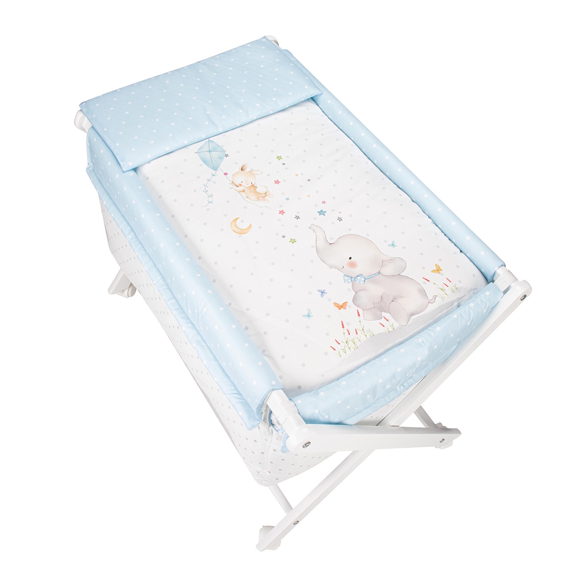 Imagen 0 de Minicuna de tijera (55 x 90 cm.) Interbaby de madera con textil Elefante blanco/azul