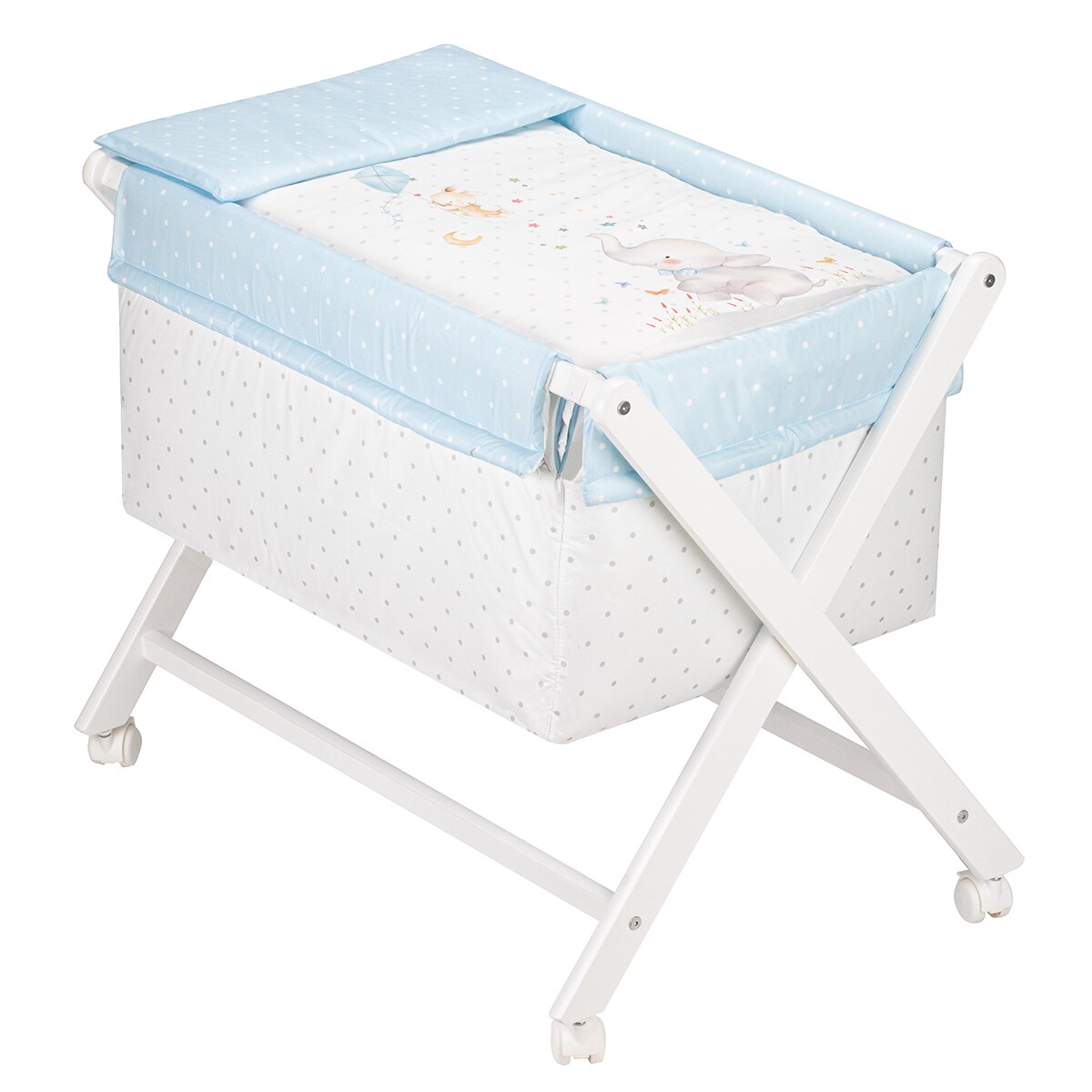 Minicuna de tijera (55 x 90 cm.) Interbaby de madera con textil Elefante blanco/azul Blanco / Azul-2