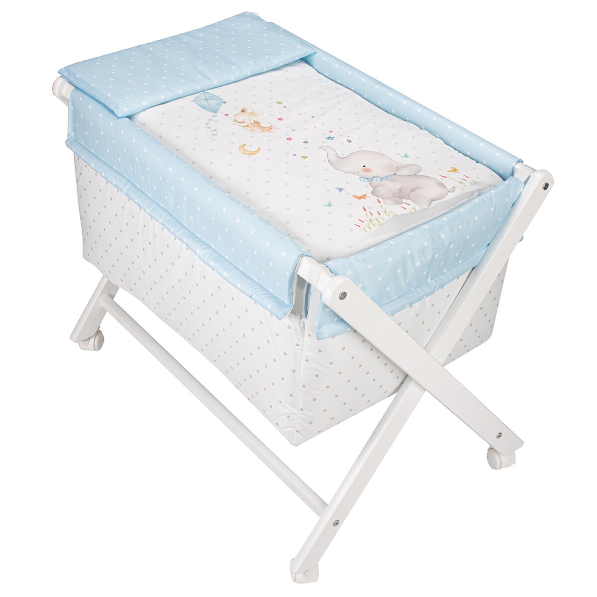 Minicuna de tijera (55 x 90 cm.) Interbaby de madera con textil Elefante blanco/azul Blanco / Azul-3