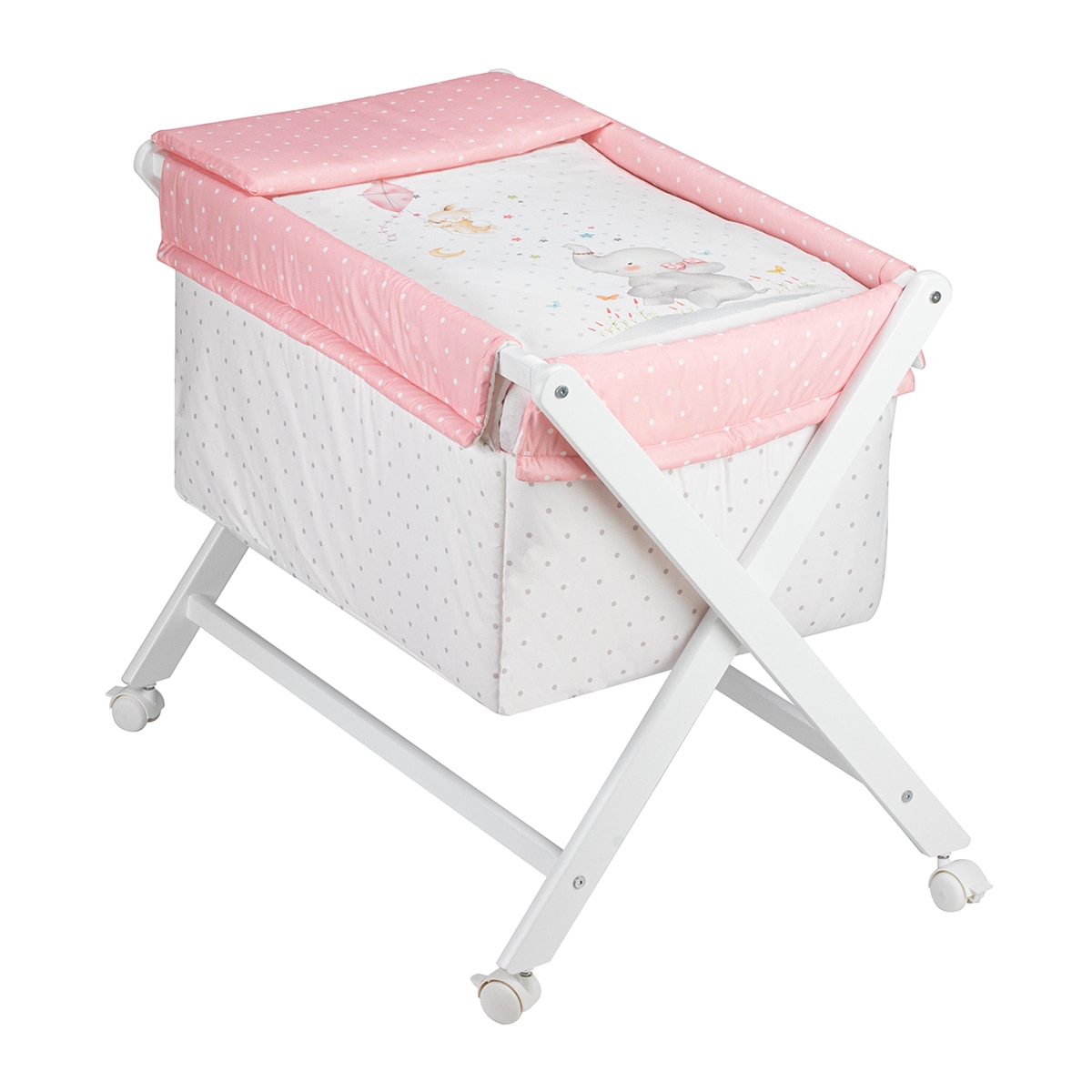 Imagen 0 de Minicuna de tijera (55 x 90 cm.) Interbaby de madera con textil Elefante blanco/rosa