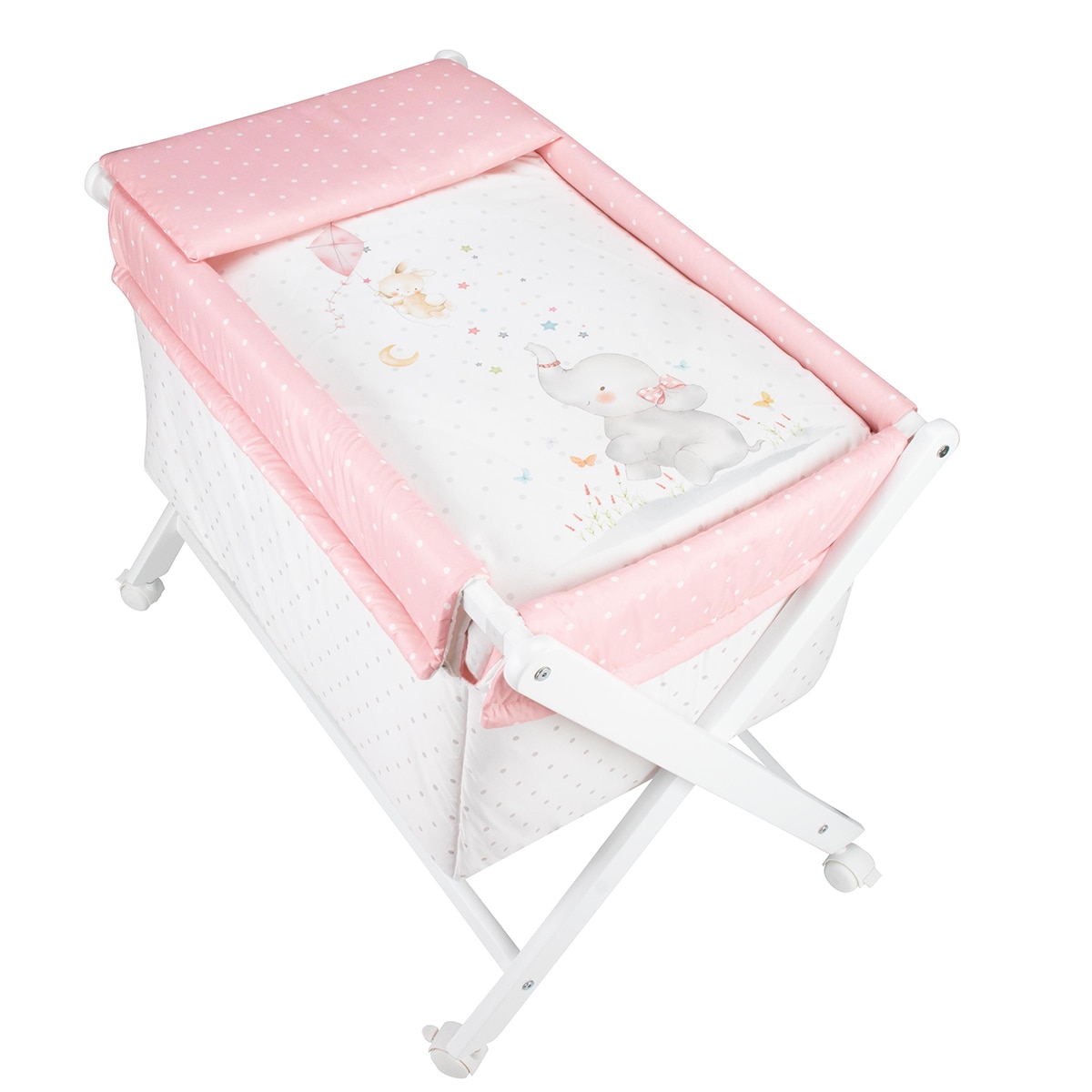 Minicuna de tijera (55 x 90 cm.) Interbaby de madera con textil Elefante blanco/rosa Blanco/Rosa-2