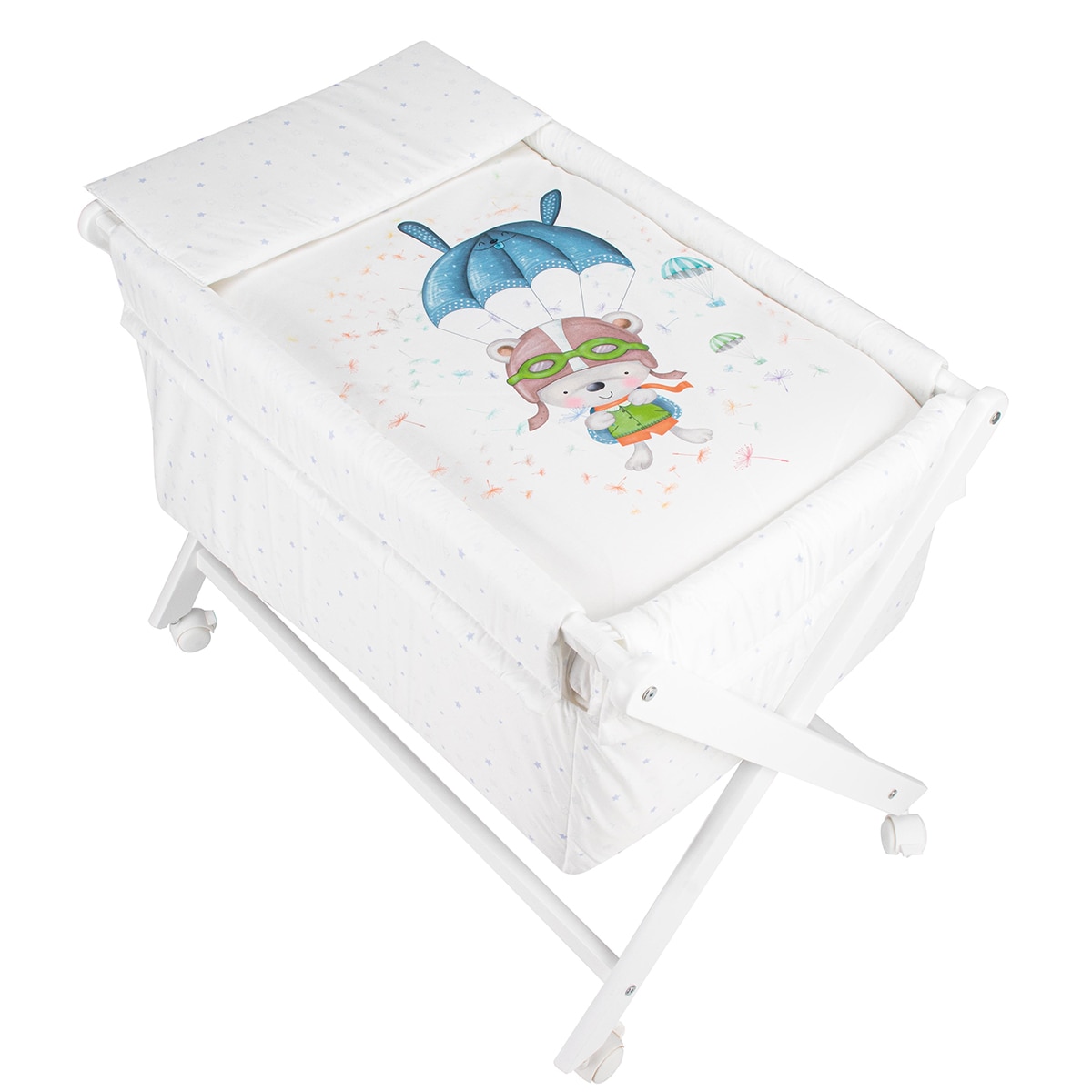 Minicuna de tijera (55 x 90 cm.) Interbaby de madera con textil Paracaidista blanco/azul Blanco / Azul-2