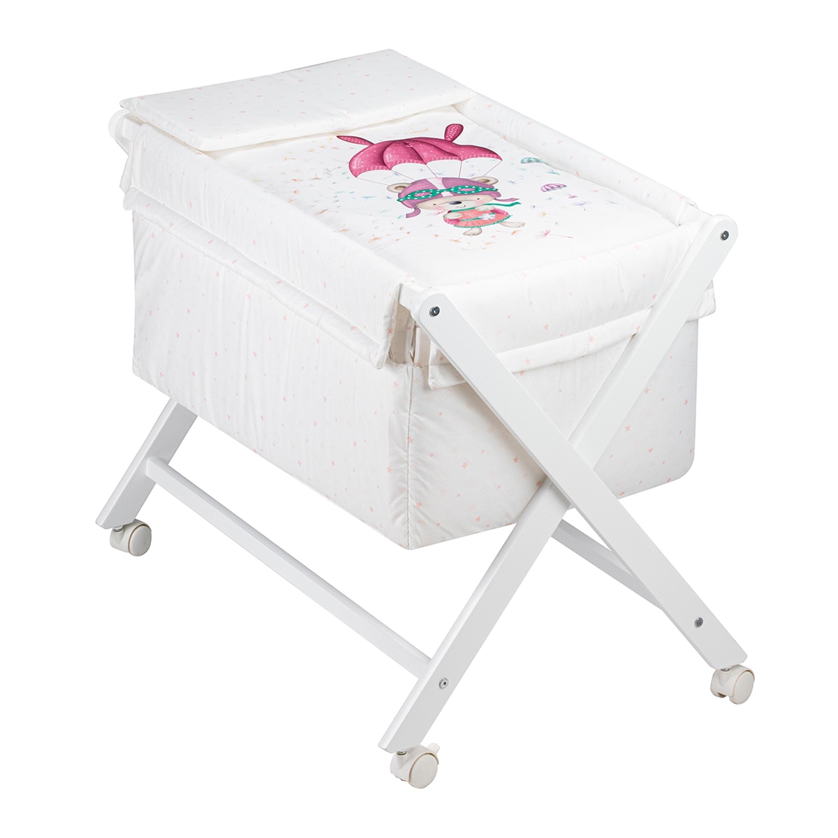 Imagen 0 de Minicuna de tijera (55 x 90 cm.) Interbaby de madera con textil Paracaidista blanco/rosa