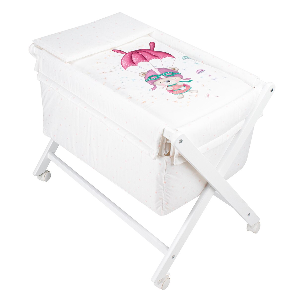 Minicuna de tijera (55 x 90 cm.) Interbaby de madera con textil Paracaidista blanco/rosa Blanco/Rosa-2