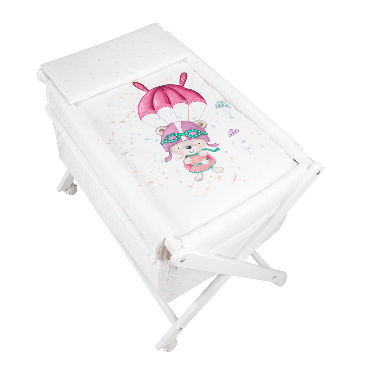 Minicuna de tijera (55 x 90 cm.) Interbaby de madera con textil Paracaidista blanco/rosa Blanco/Rosa-3