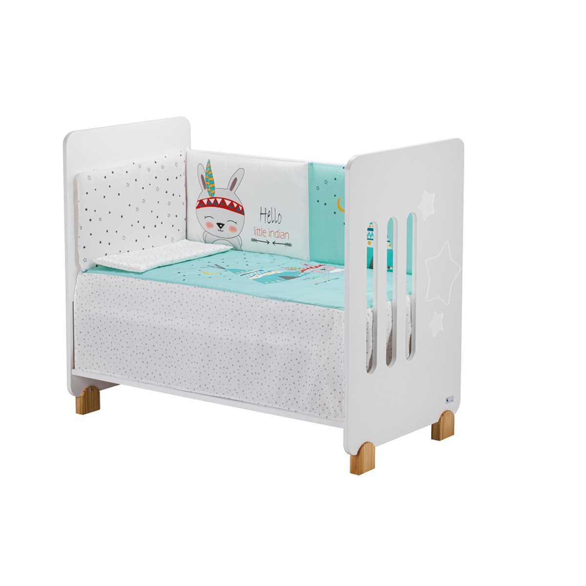 Cuna Interbaby Star Nature con edredrón y protector tipi oso menta Verde-1