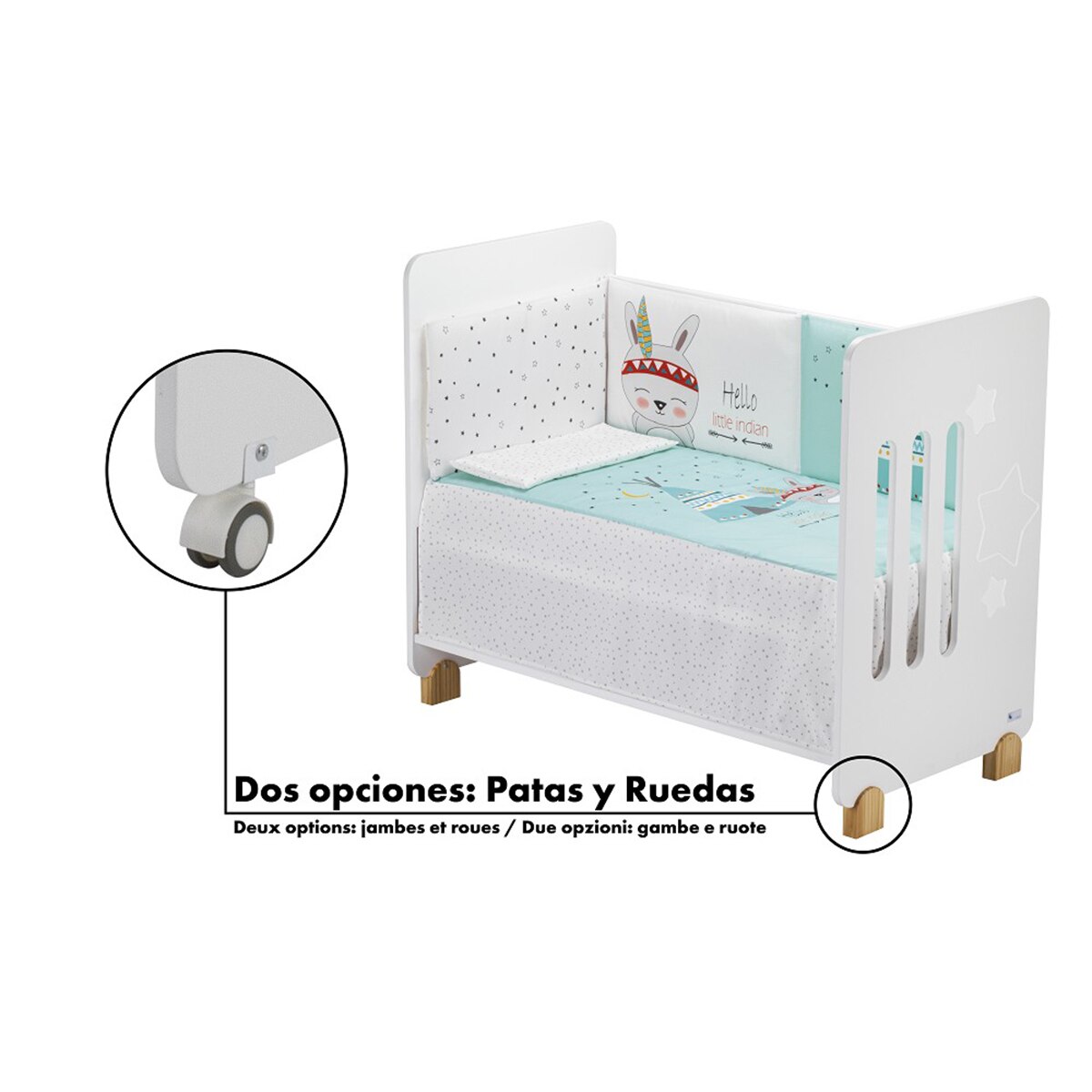 Cuna Interbaby Star Nature con edredrón y protector tipi oso menta Verde-3