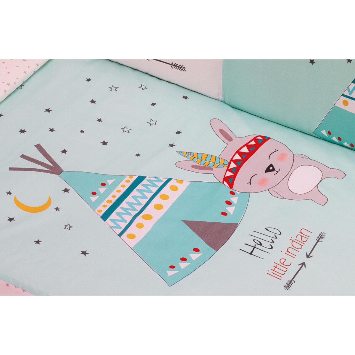 Cuna Interbaby Star Nature con edredrón y protector tipi oso menta Verde-5