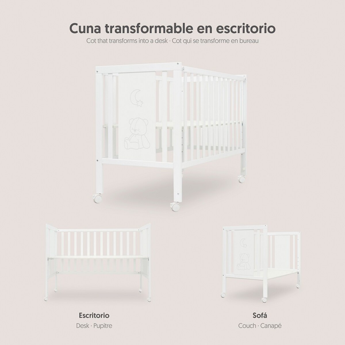 Pack cuna colecho osito convertible + colchón Blanco-3