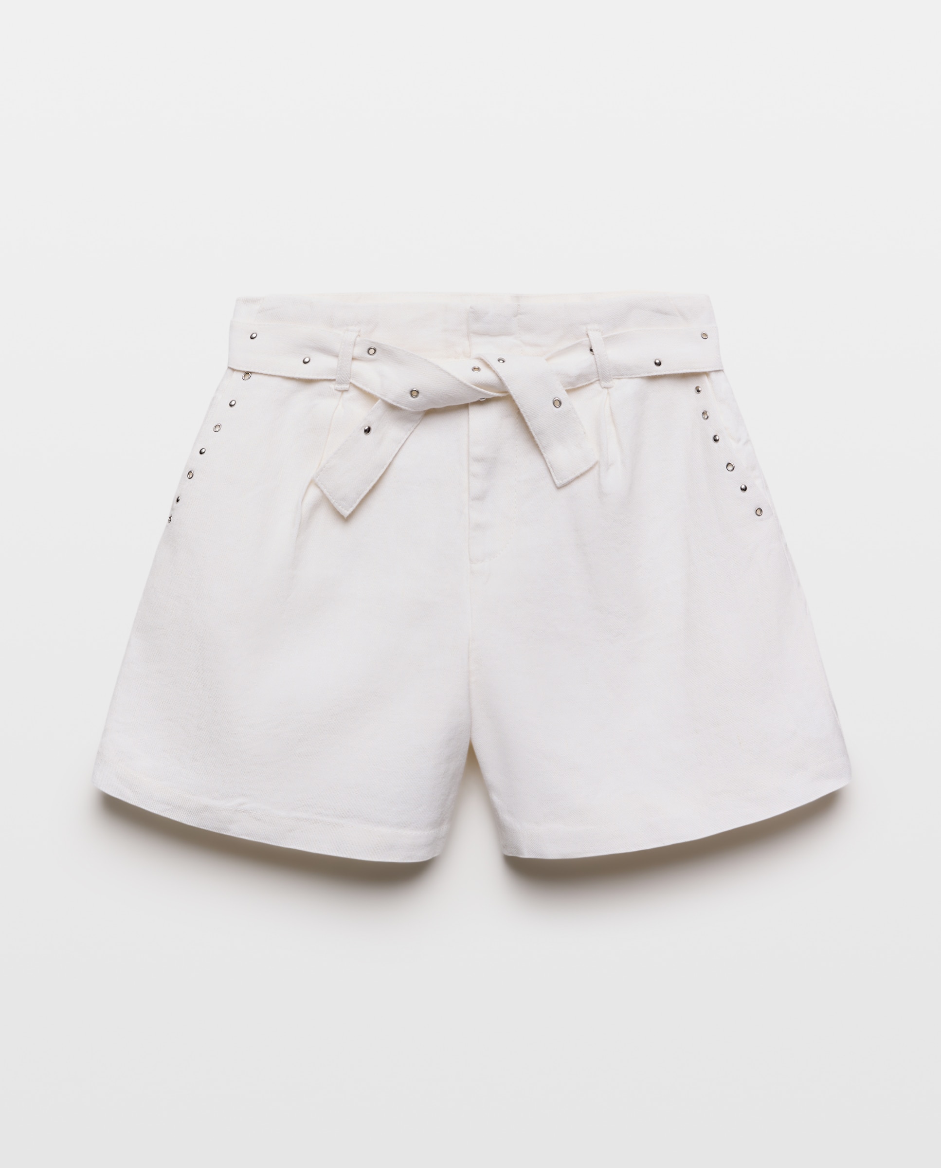 Bermudas de Linho com Cinto de Tachas Stone Washed Coconut El Corte Inglés 120 Cru-5