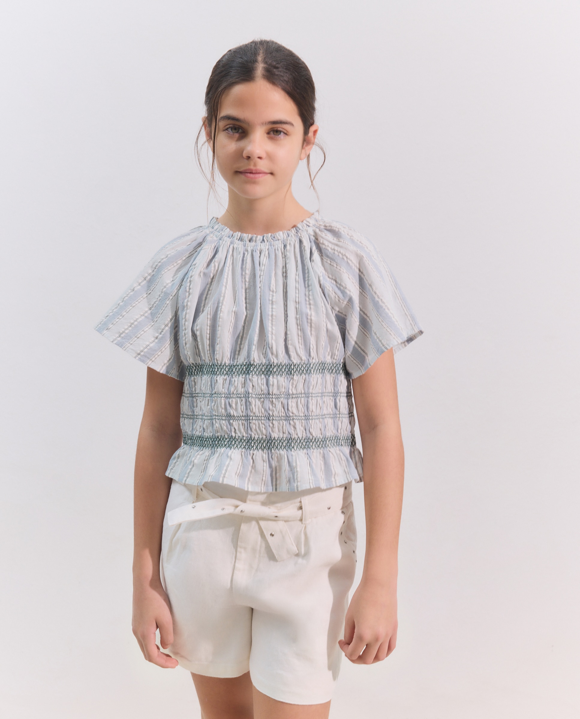 Blusa de Manga Curta com Elásticos e Risca Verde-1