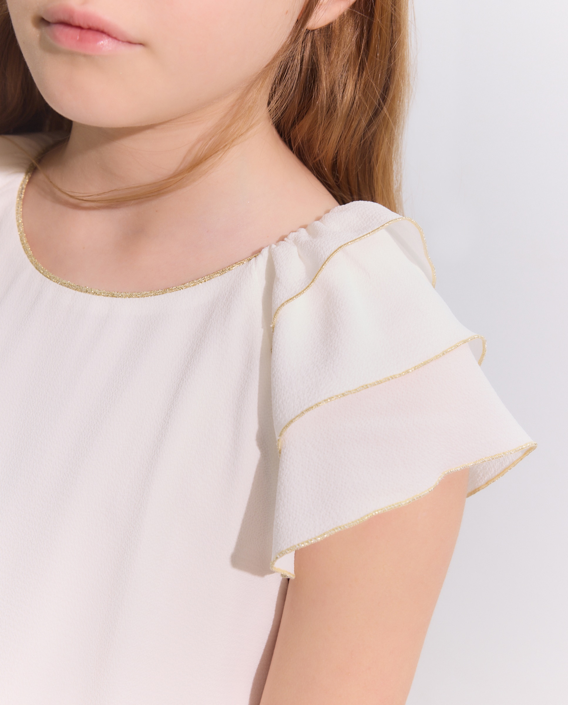 Blusa de Manga com Folhos e Fio Dourado Branco-marfim-4