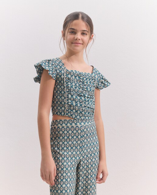 Blusa manga corta frunces all over print baldosa de niña