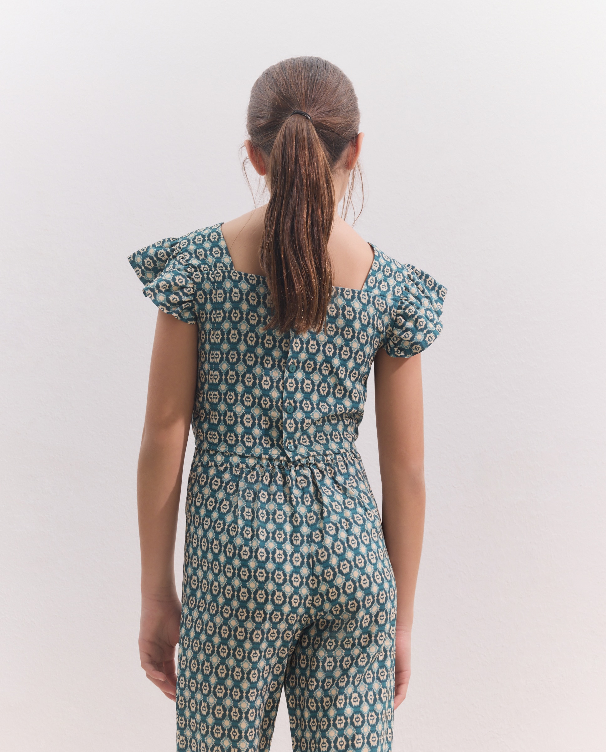 Blusa de Manga Curta com Franzidos e All Over Print de Azulejo Azul-3