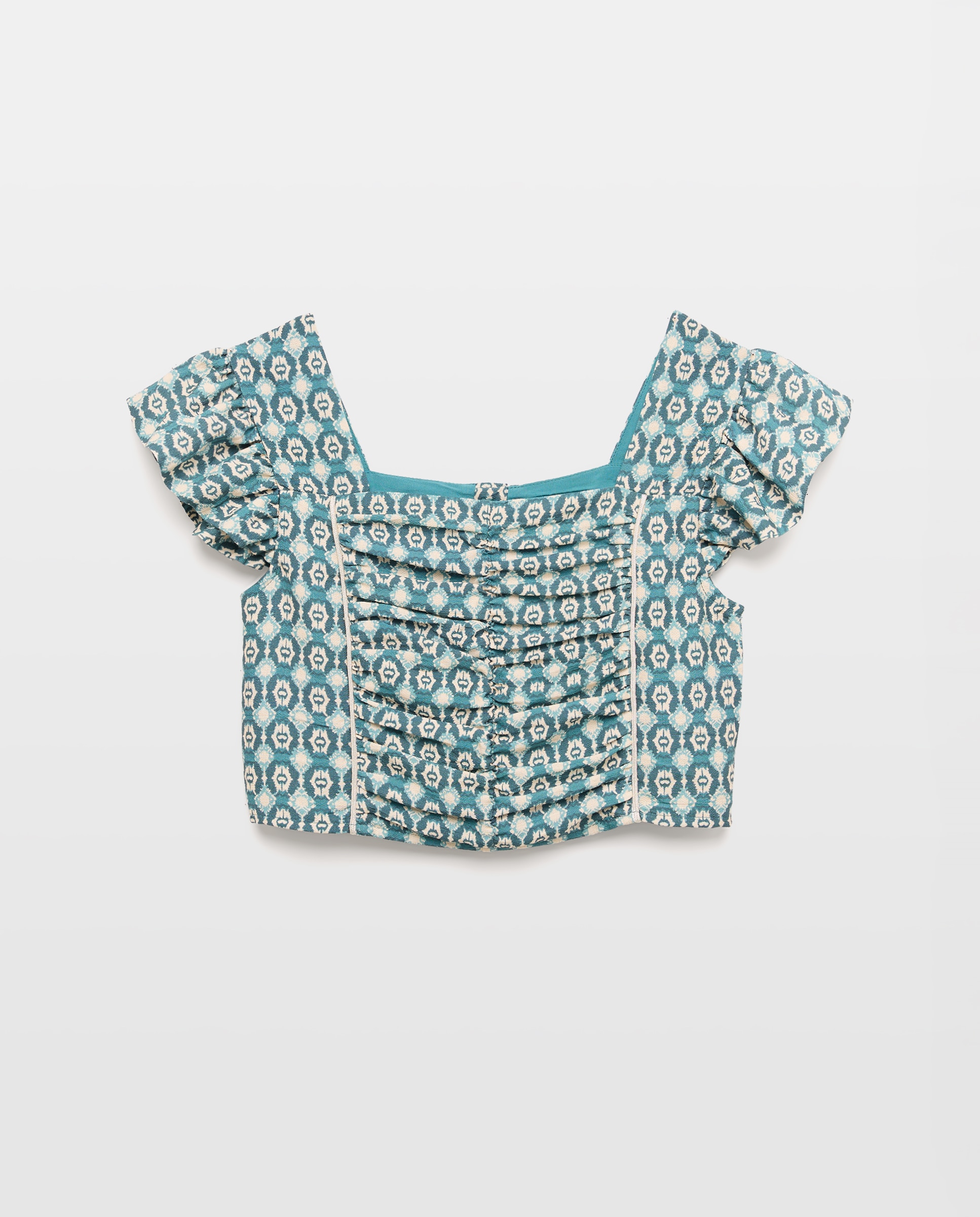 Blusa de Manga Curta com Franzidos e All Over Print de Azulejo Azul-4