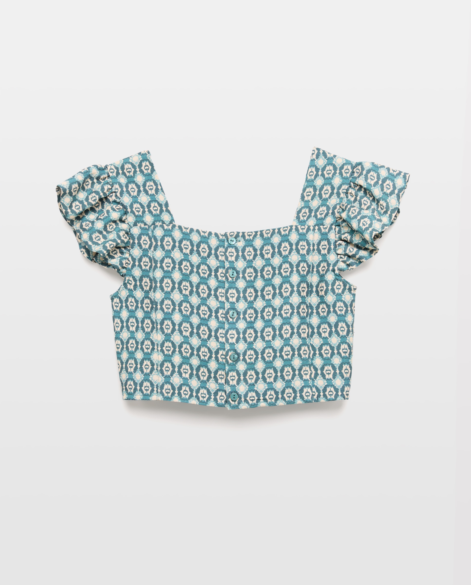 Blusa de Manga Curta com Franzidos e All Over Print de Azulejo Azul-5