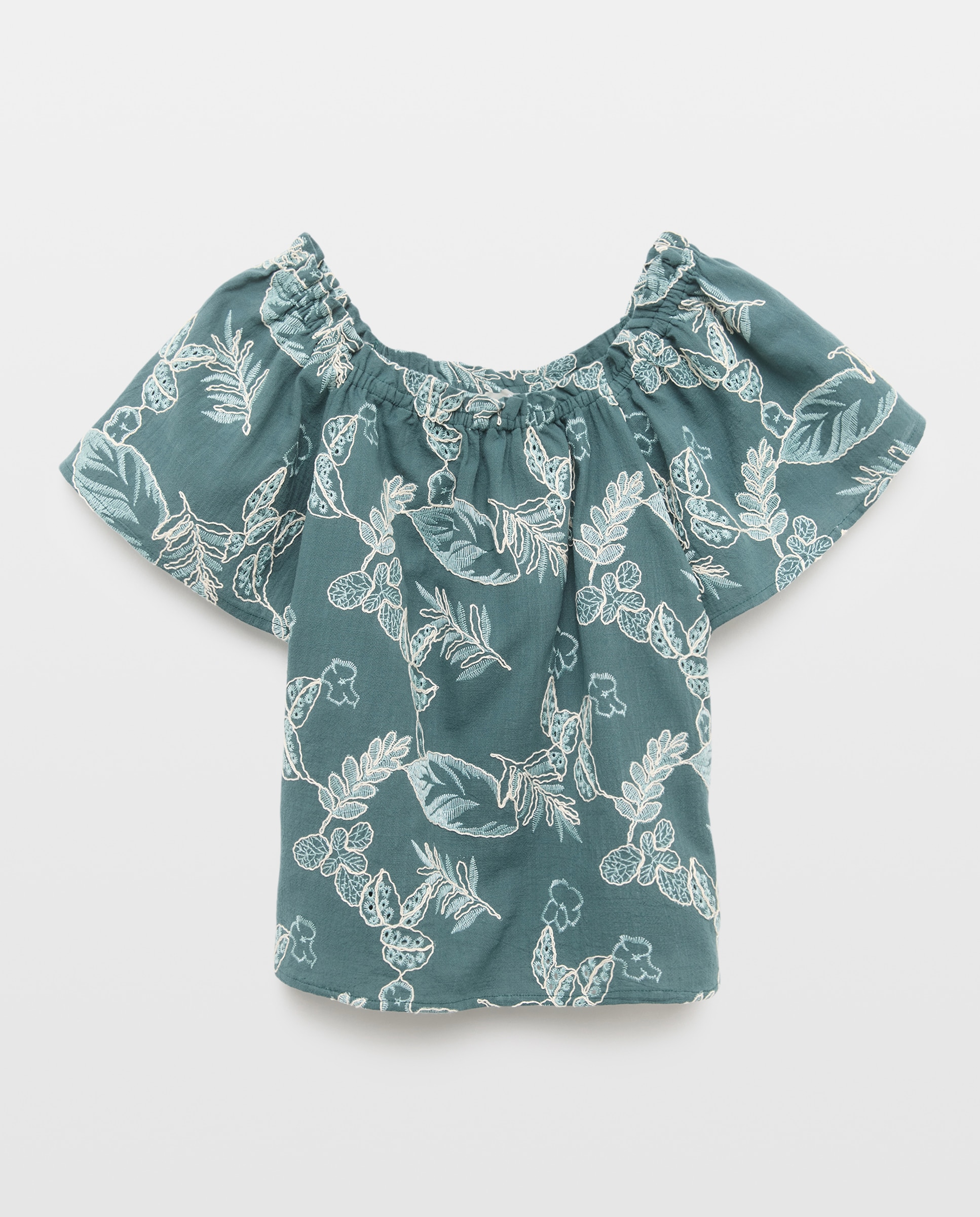 Blusa de Manga Curta com Ombro com Bordado de Fantasia Coconut El Corte Inglés 530 Verde Escuro-5