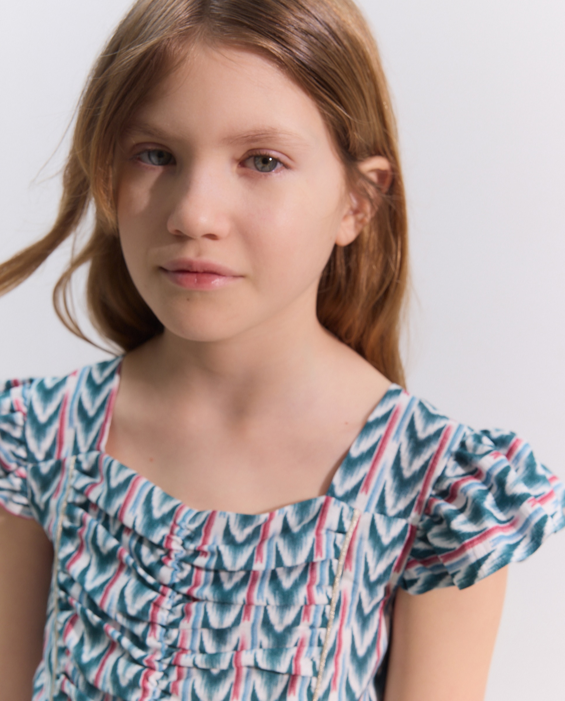 Blusa de Manga Curta com Franzidos e All Over Print de Chevron Coconut El Corte Inglés Verde-4