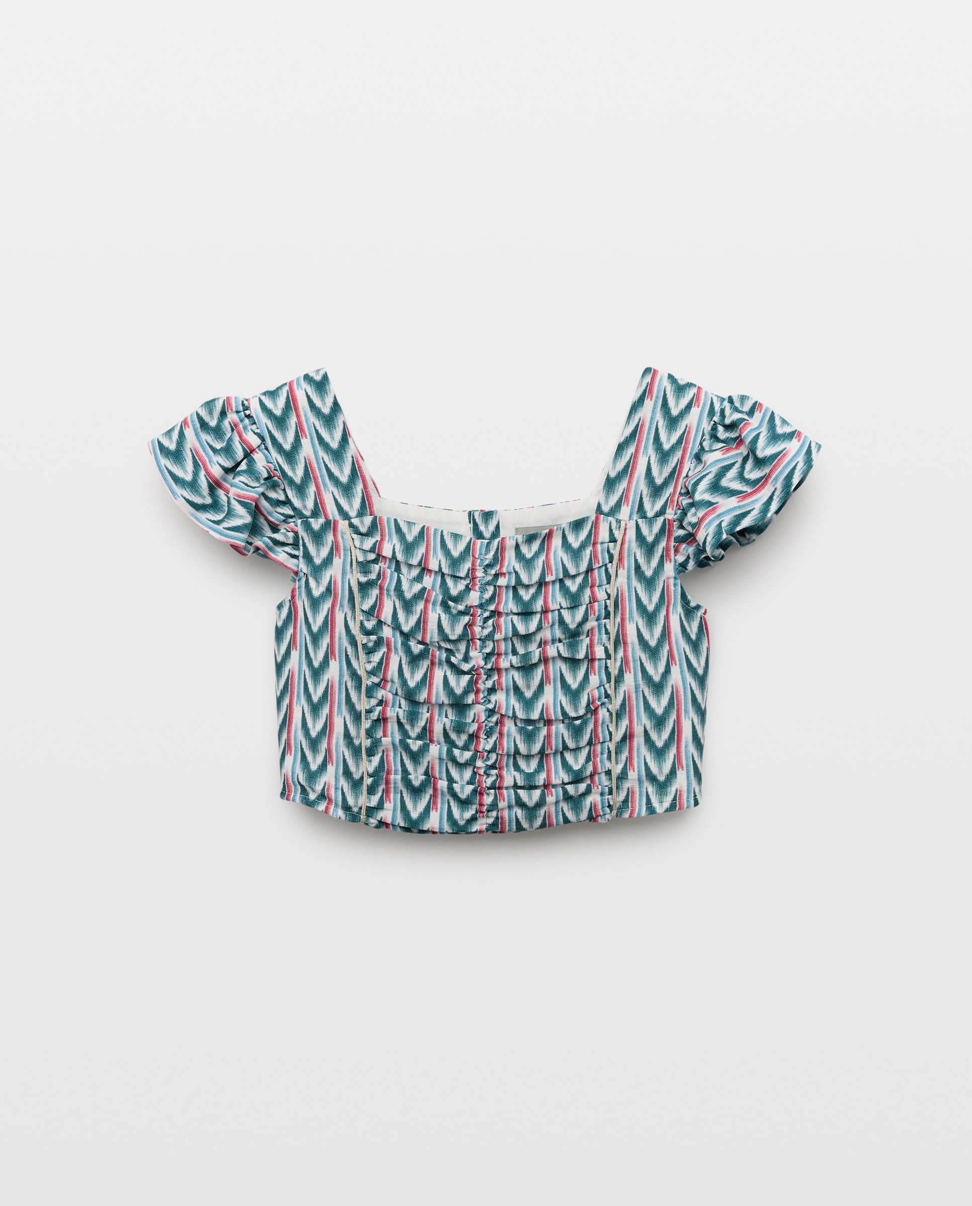 Blusa de Manga Curta com Franzidos e All Over Print de Chevron Coconut El Corte Inglés Verde-5