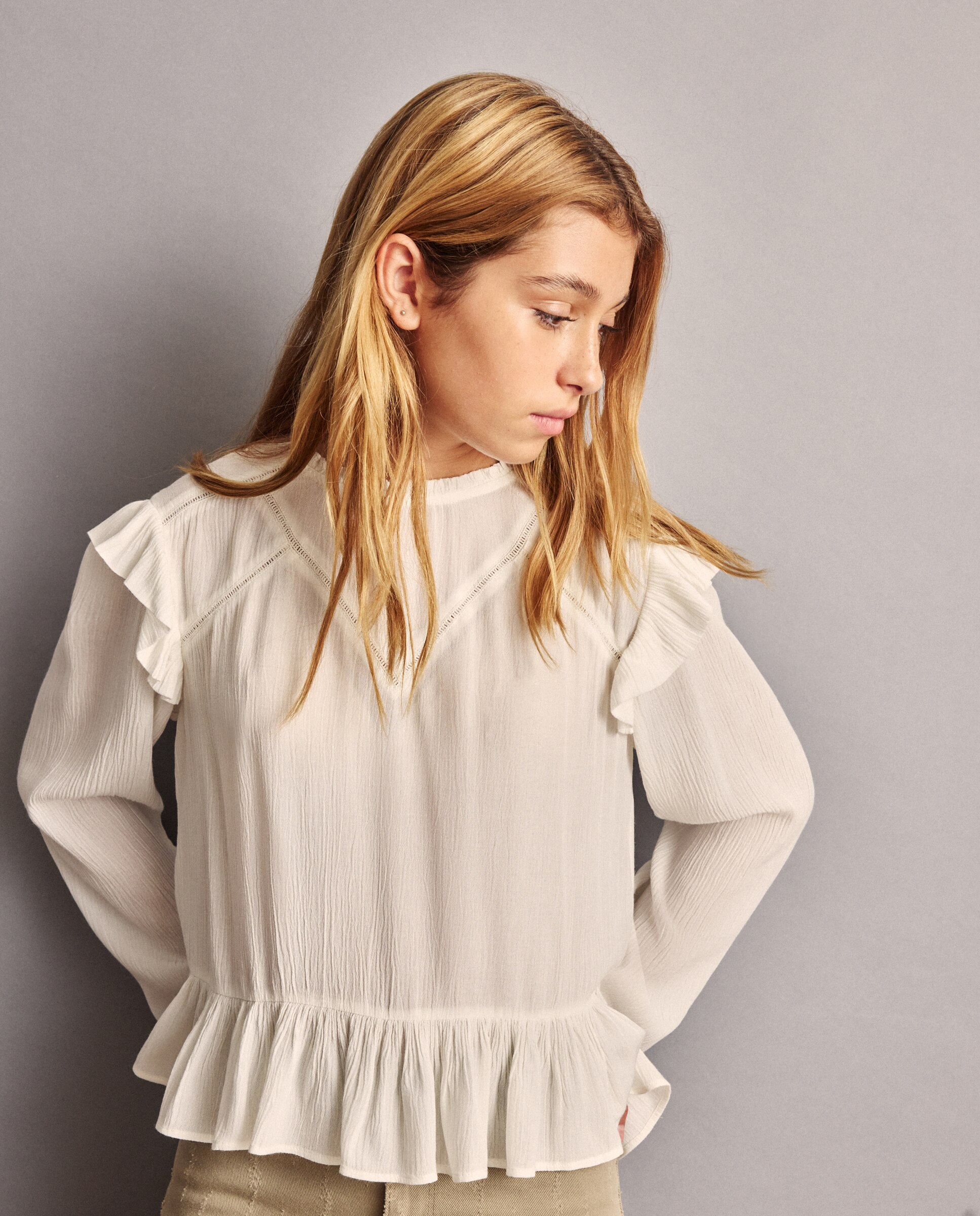 Blusa manga larda viscosa y volantes de niña - Coconut El Corte Inglés - Blanco roto Blanco roto-3