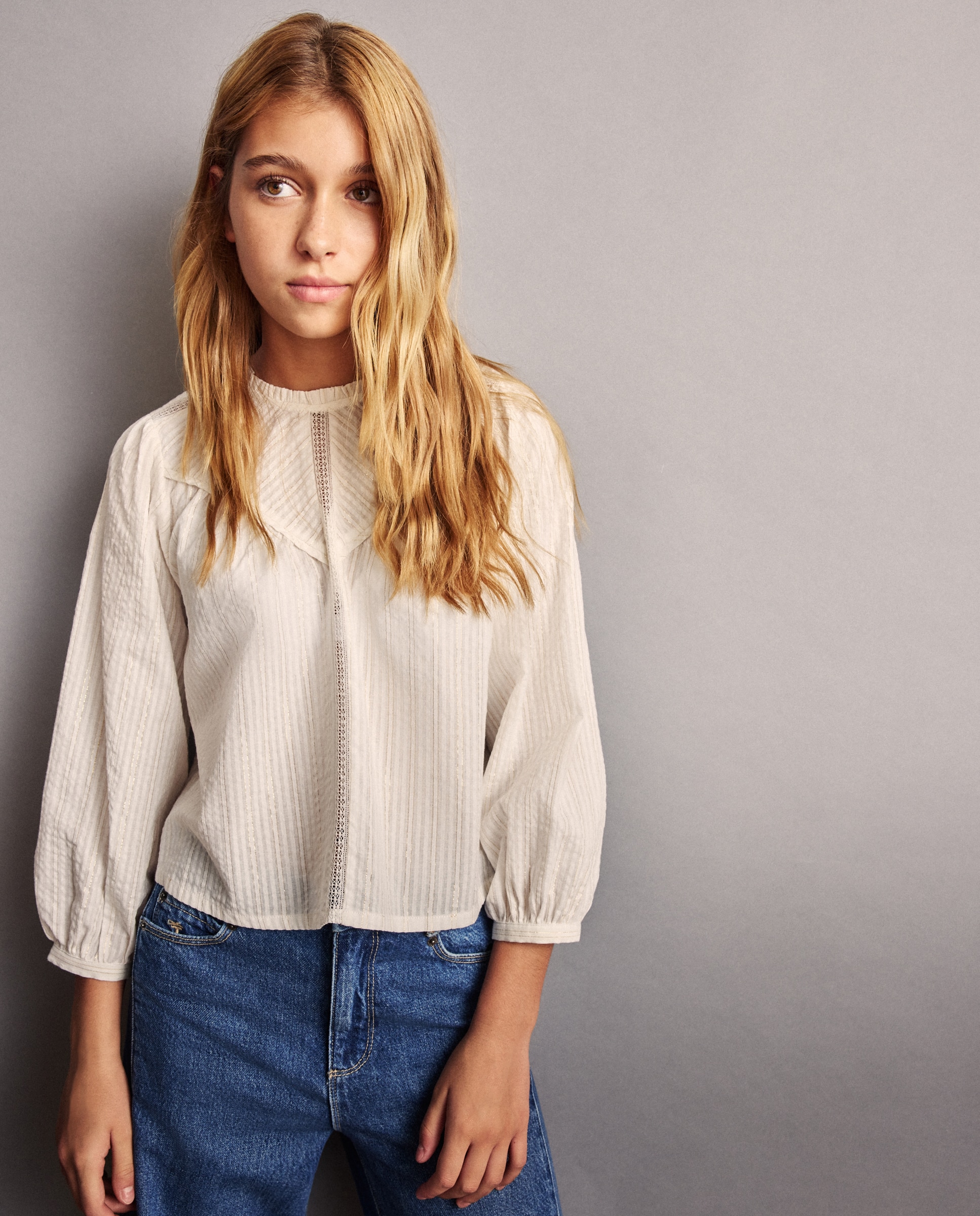 Blusa 3/4 de Fio Metalizado Romântica com Renda Coconut El Corte Inglés Branco-marfim-2