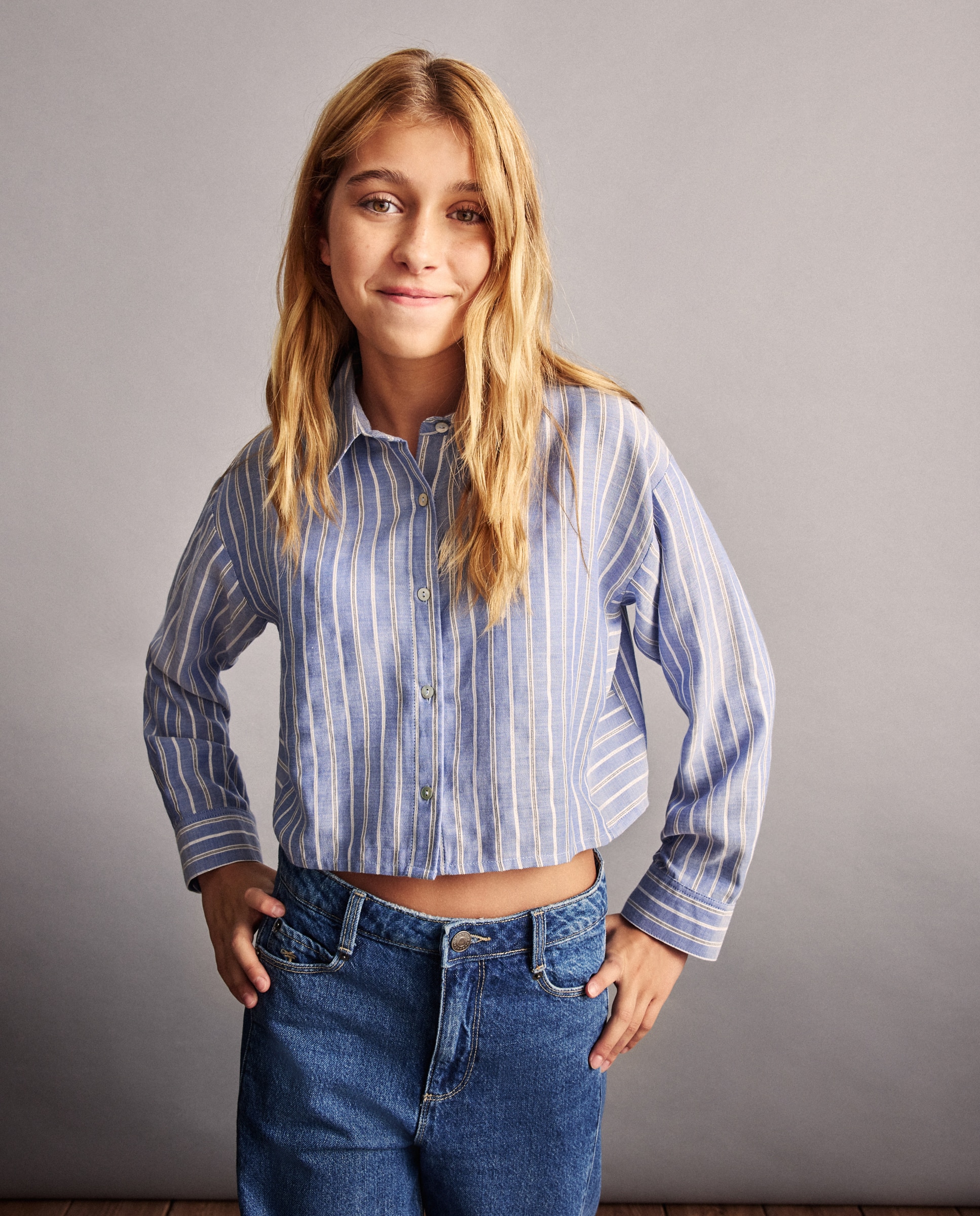 Camisa de Manga Comprida Cropped às Riscas e com Gola de Fio Metalizado Coconut El Corte Inglés Azul-2