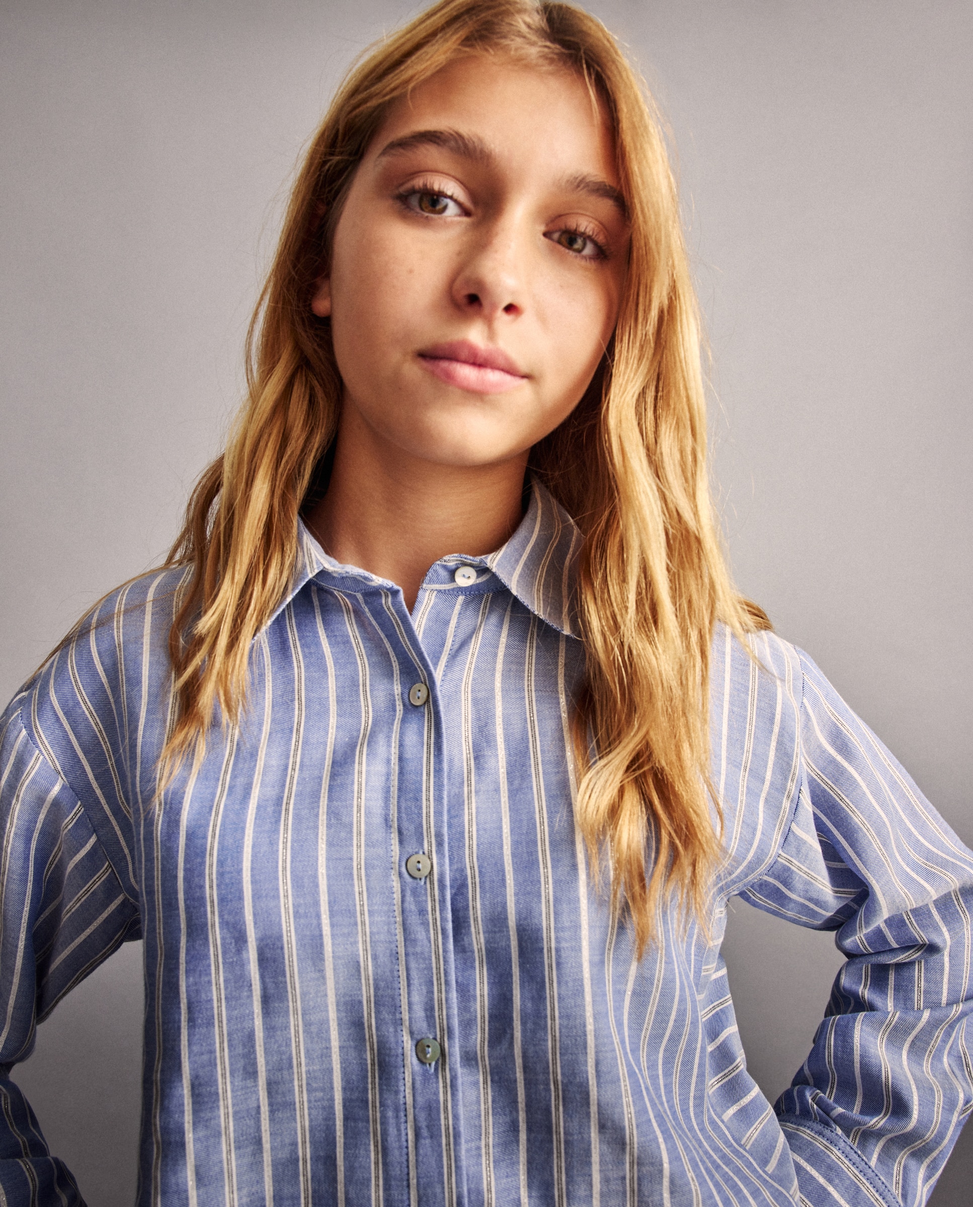 Camisa de Manga Comprida Cropped às Riscas e com Gola de Fio Metalizado Coconut El Corte Inglés Azul-3