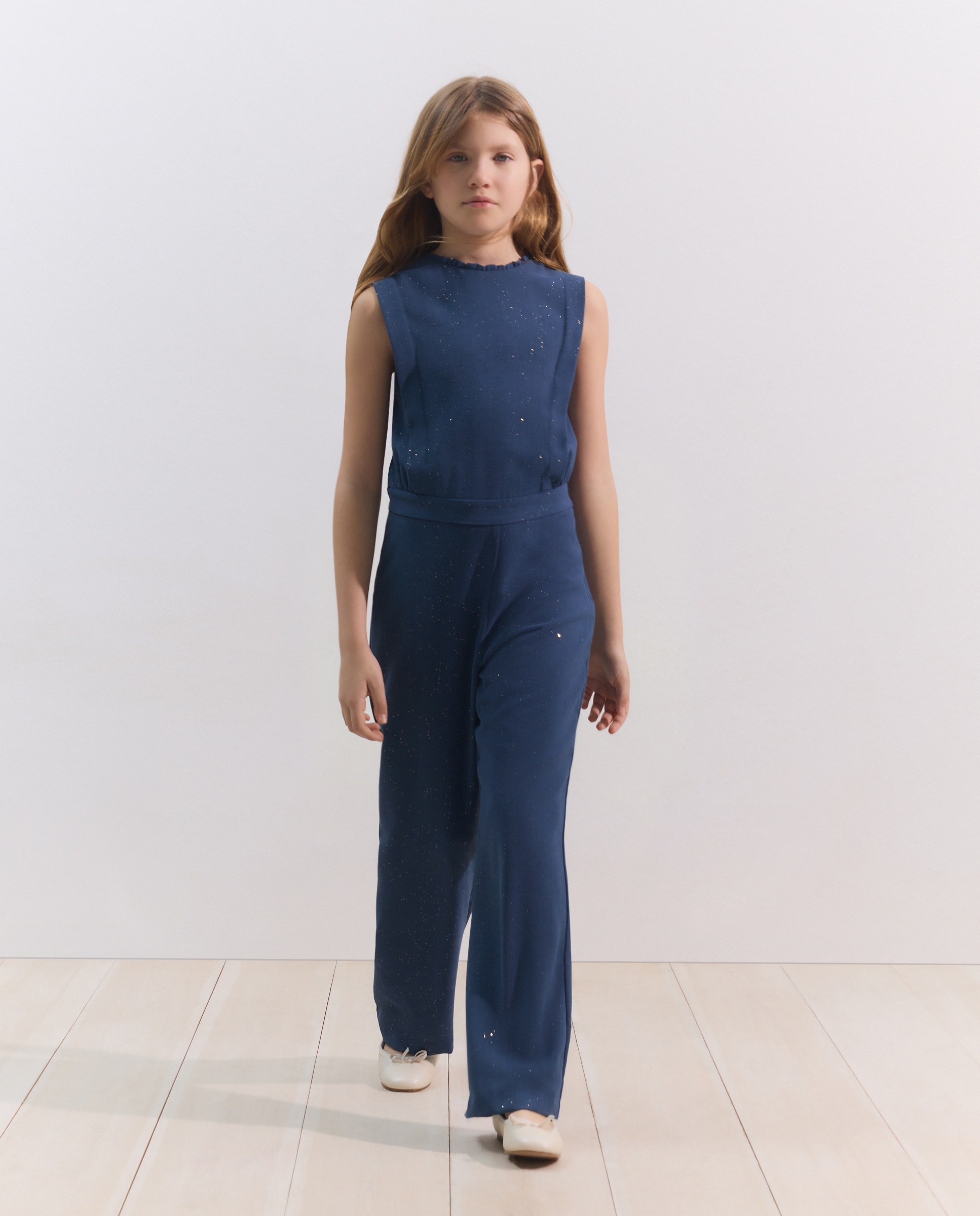 Macacão de Cerimónia em Crepe com Brilho e Pregas 430 Azul Escuro-2