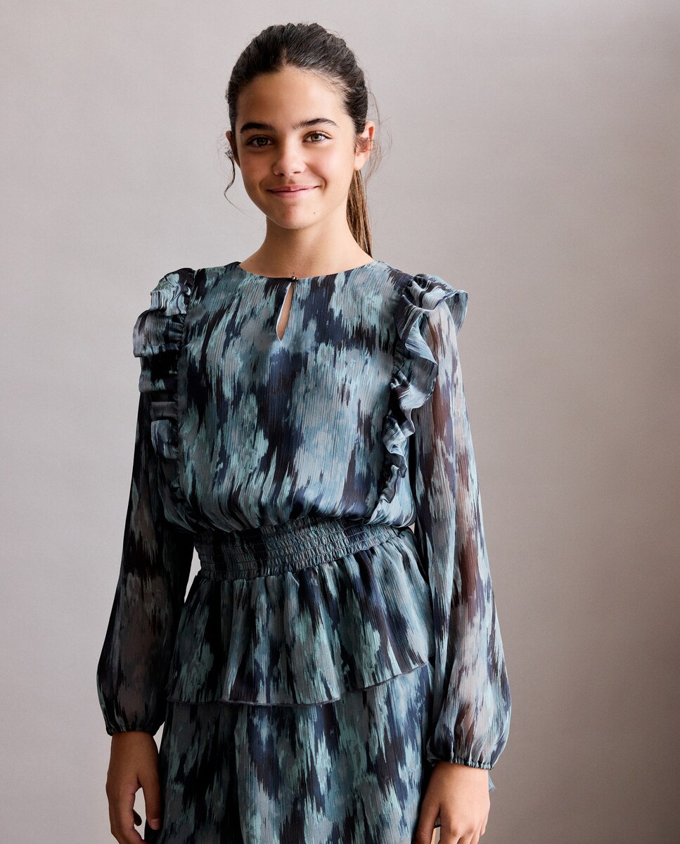 Imagen 1 de Vestido con volantes y motivo de acuarela de niña Azul