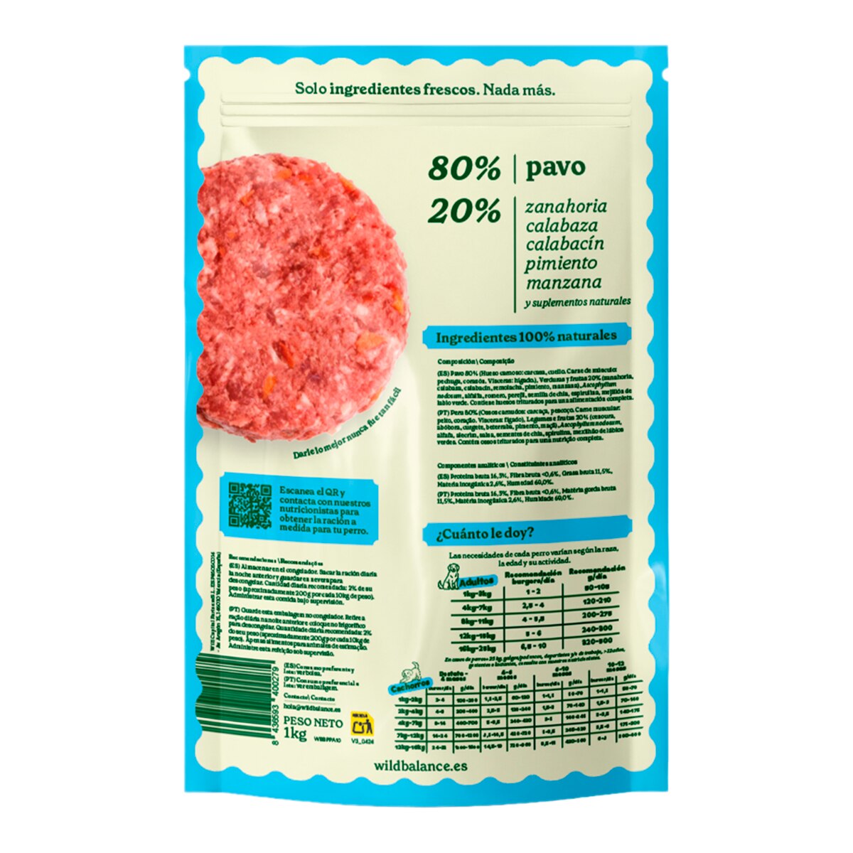 Comida húmeda para perros Wild Balance barf congelado pavo y verduras 1 kg 2