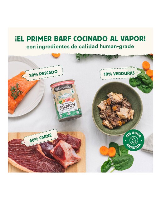 Comida húmeda para perros adultos Wild Balance barf trozos salmón, ternera y verduras frescas 400 g 2