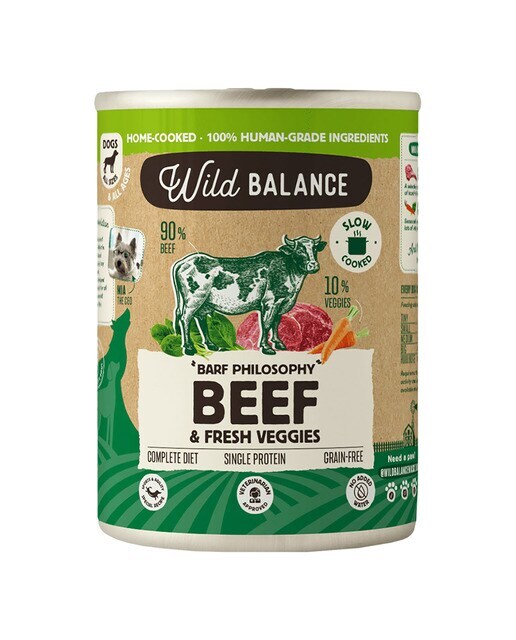 Comida húmeda para perros adultos Wild Balance barf cocinado al vapor trozos ternera y verduras frescas 400 g