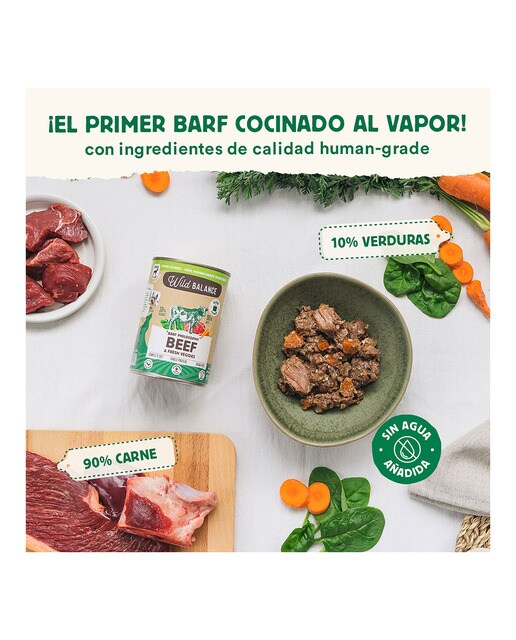 Comida húmeda para perros adultos Wild Balance barf cocinado al vapor trozos ternera y verduras frescas 400 g 2