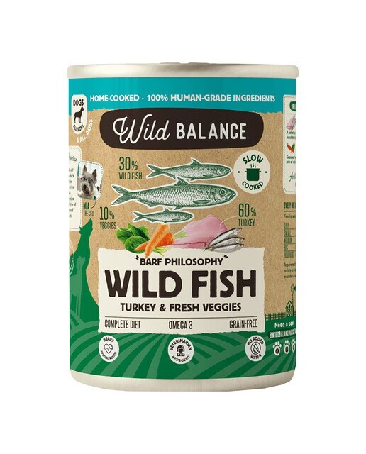 Comida húmeda para perros adultos Wild Balance barf cocinado al vapor trozos pescado salvaje, pavo y verduras frescas 400 g