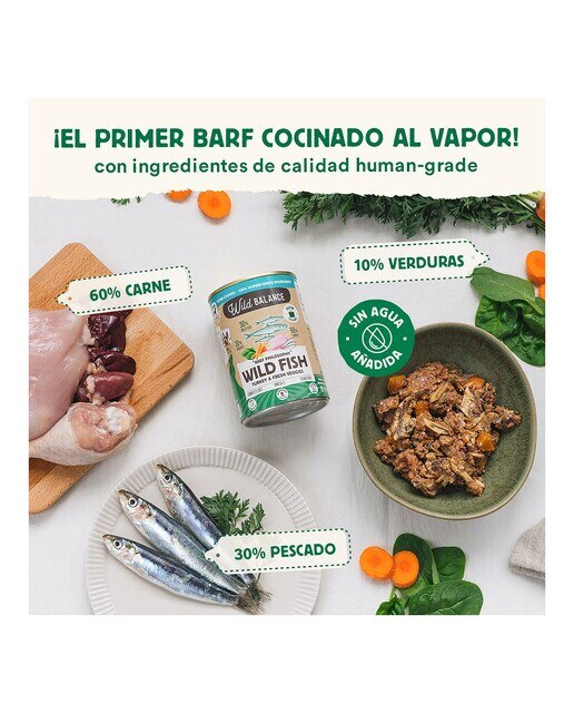 Comida húmeda para perros adultos Wild Balance barf cocinado al vapor trozos pescado salvaje, pavo y verduras frescas 400 g 2