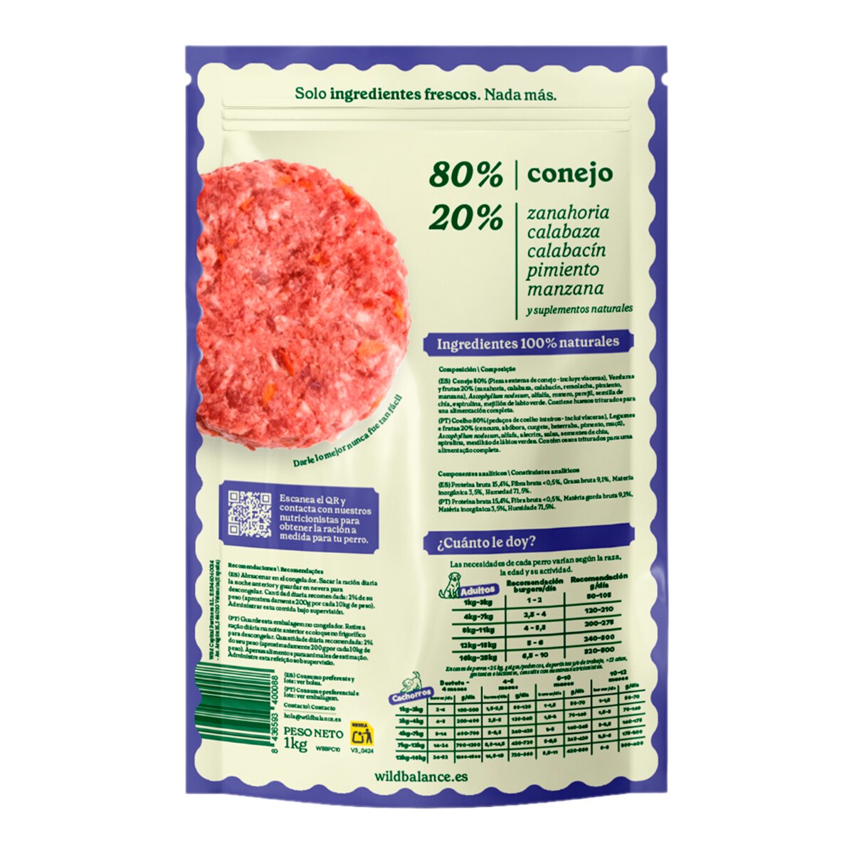 Comida húmeda para perros Wild Balance barf congelado conejo y verduras 1 kg 2