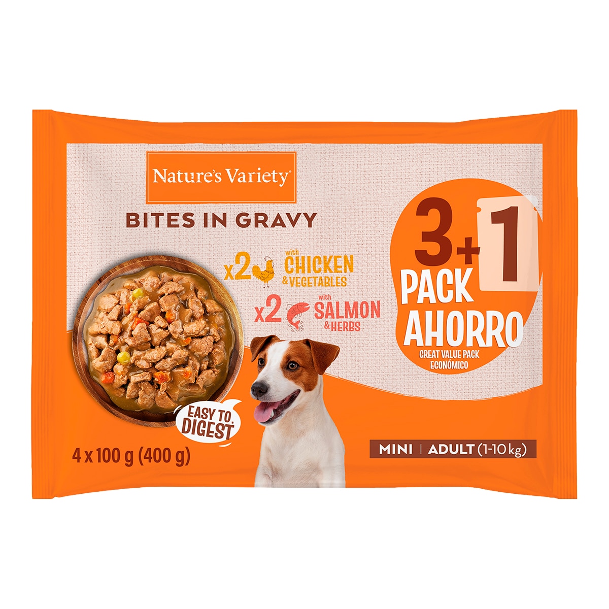 Imagen 1 de Comida húmeda para perros adultos mini Nature's Variety bocaditos en salsa pollo y salmón 4 x 100g