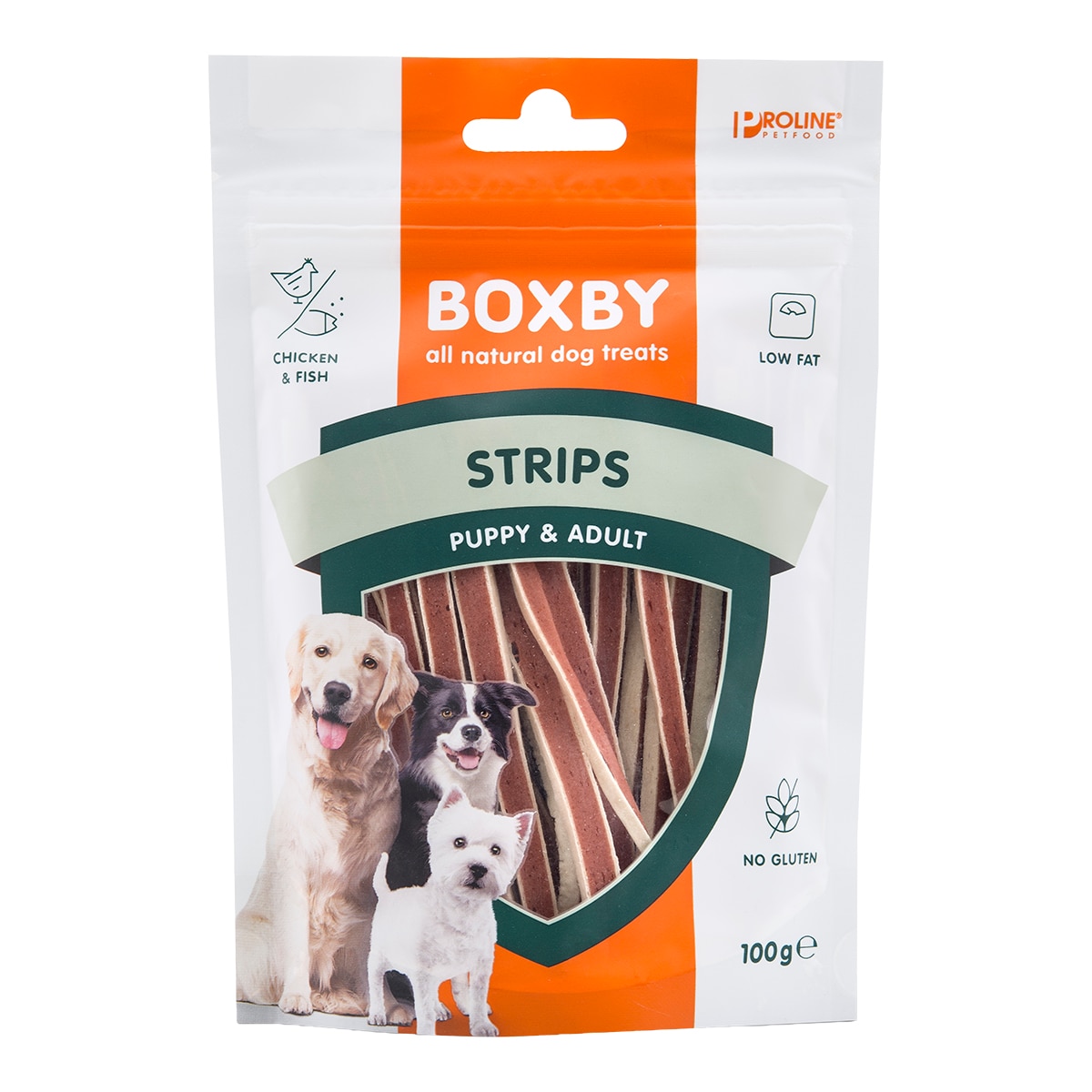 Snack para perros cachorros y adultos Boxby pollo y pescado 100 g 1