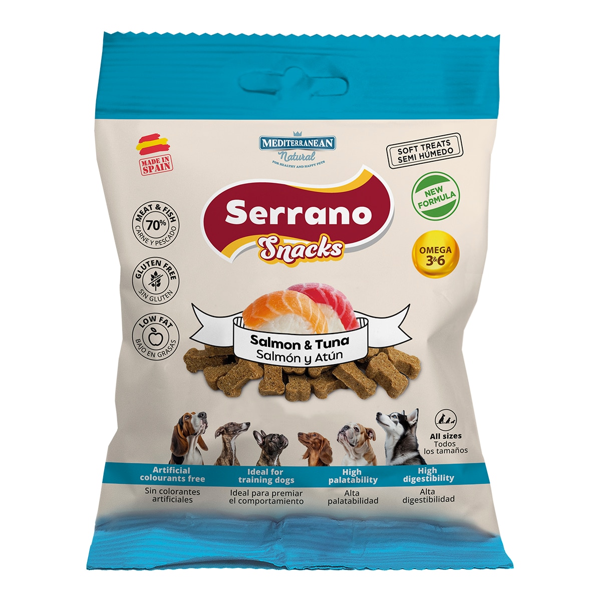 Snack para perros Mediterranean Natural Serrano salmón y atún 85 g 1