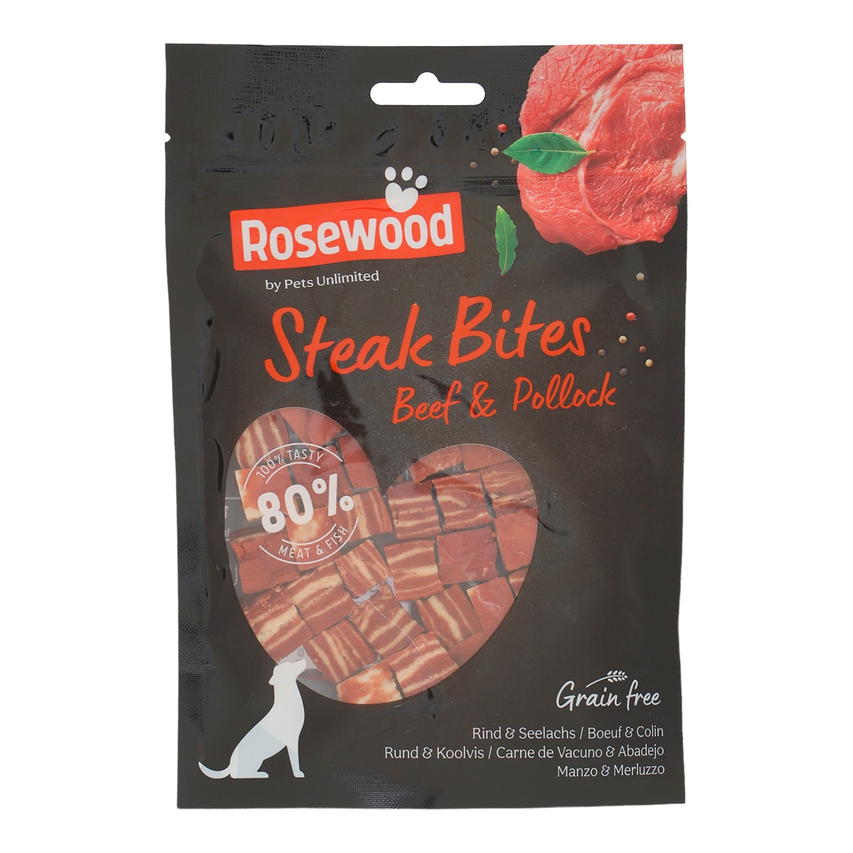 Imagen 0 de Snack para perros adultos medianos y grandes Steak Bites Rosewood ternera y abadejo 100 g