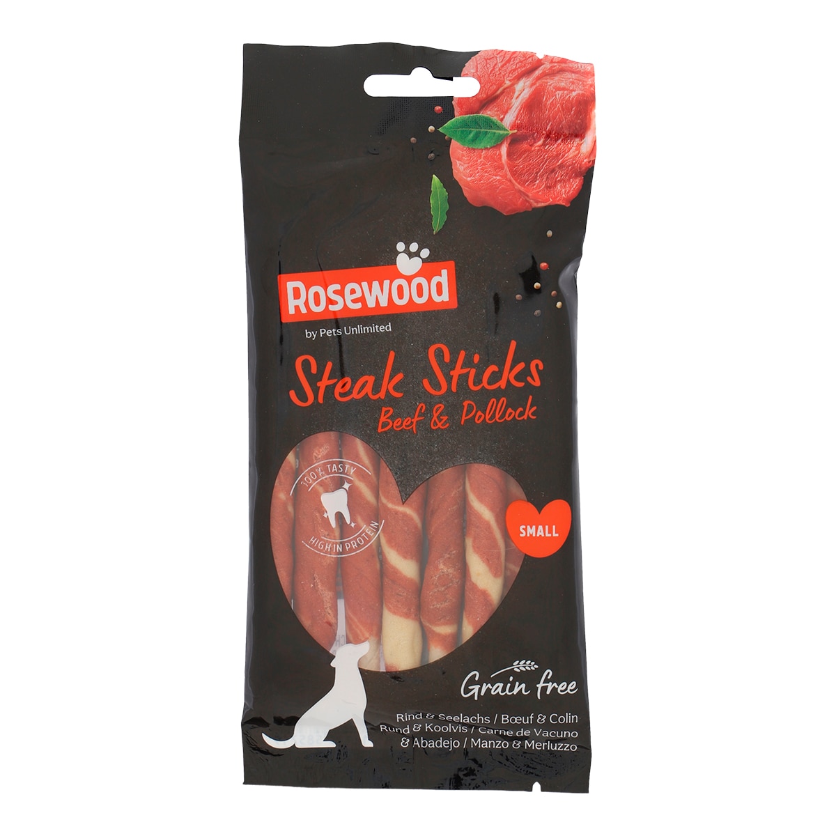 Imagen 0 de Snack para perros adultos pequeños steak sticks Rosewood ternera y bacalao 90 g